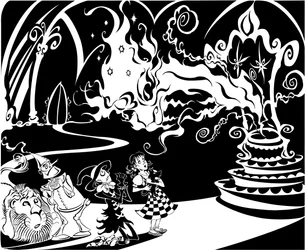 The Wonderful Wizard of Oz: The Great Oz, speaking to Dorothy, the Scarecrow, the Tin Man, the Lion and Toto